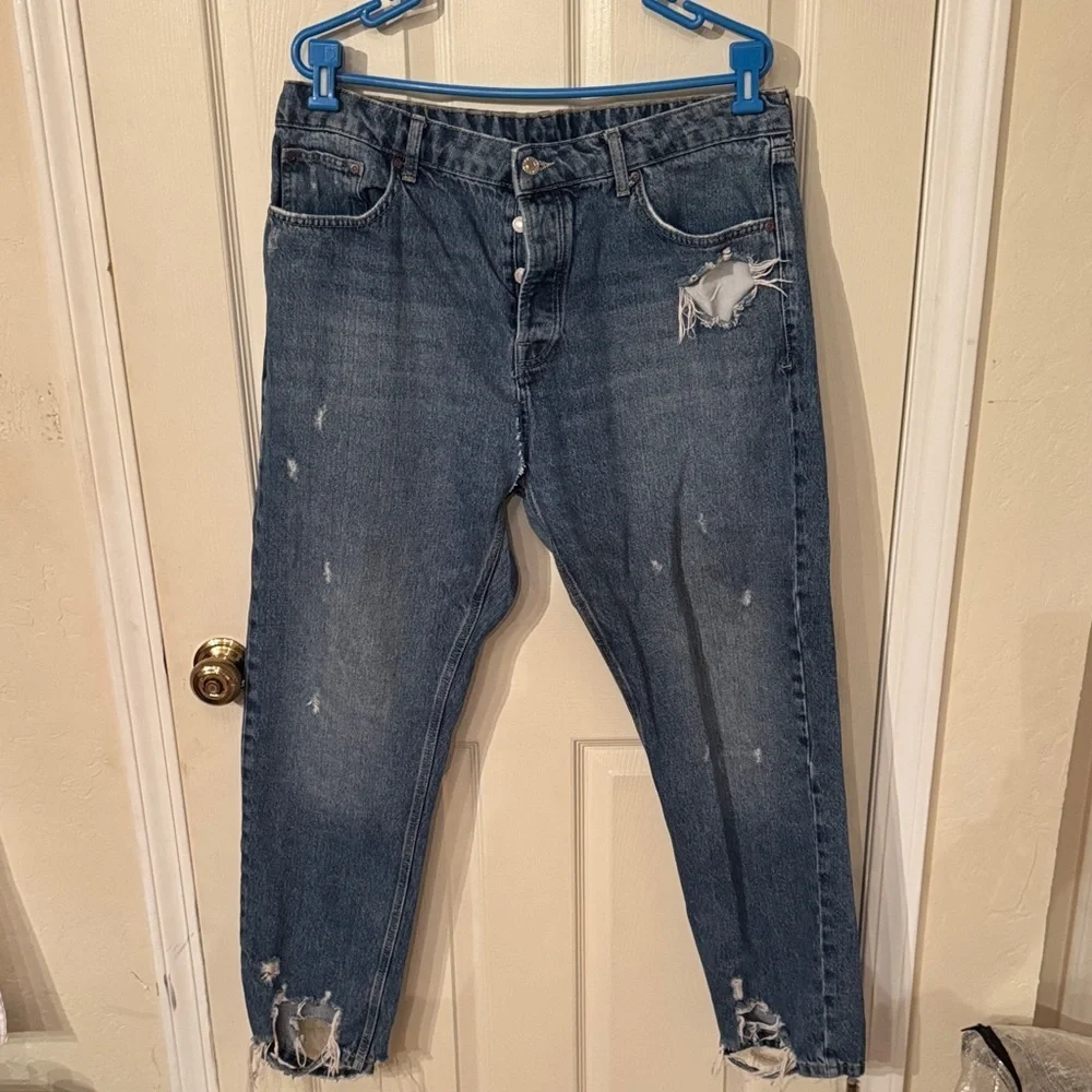 Topman Relaxed Fit Distressed Blue Jeans